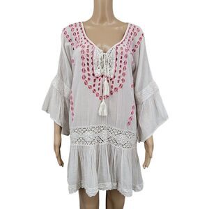 Amita Naithani Boho White and Pink Embroidered Crochet Lace Cotton Top Tunic